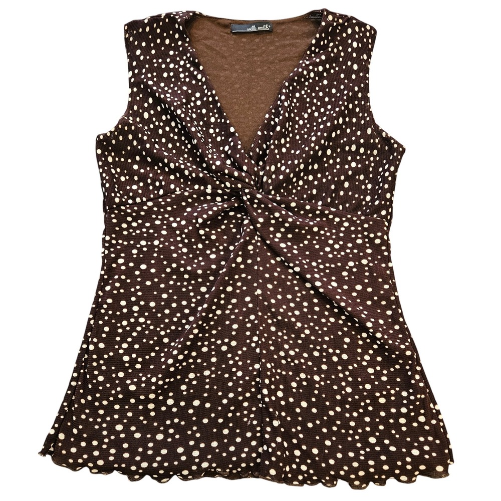Willi Smith Brown Polka Dot Mesh Twist Front Sleeveless Top V-Neck M